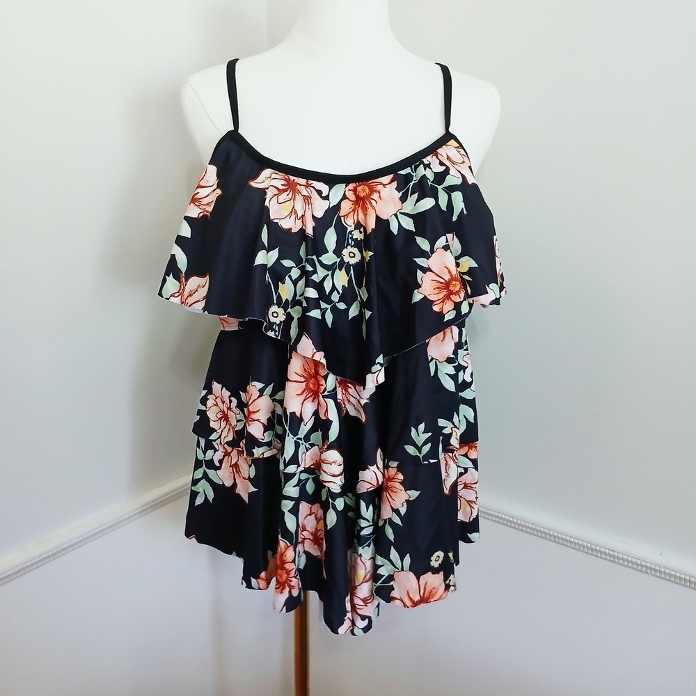 B2PRITY Womens Plus Size 3XL Floral Ruffle Tankini Swim Top Black Orange NEW
